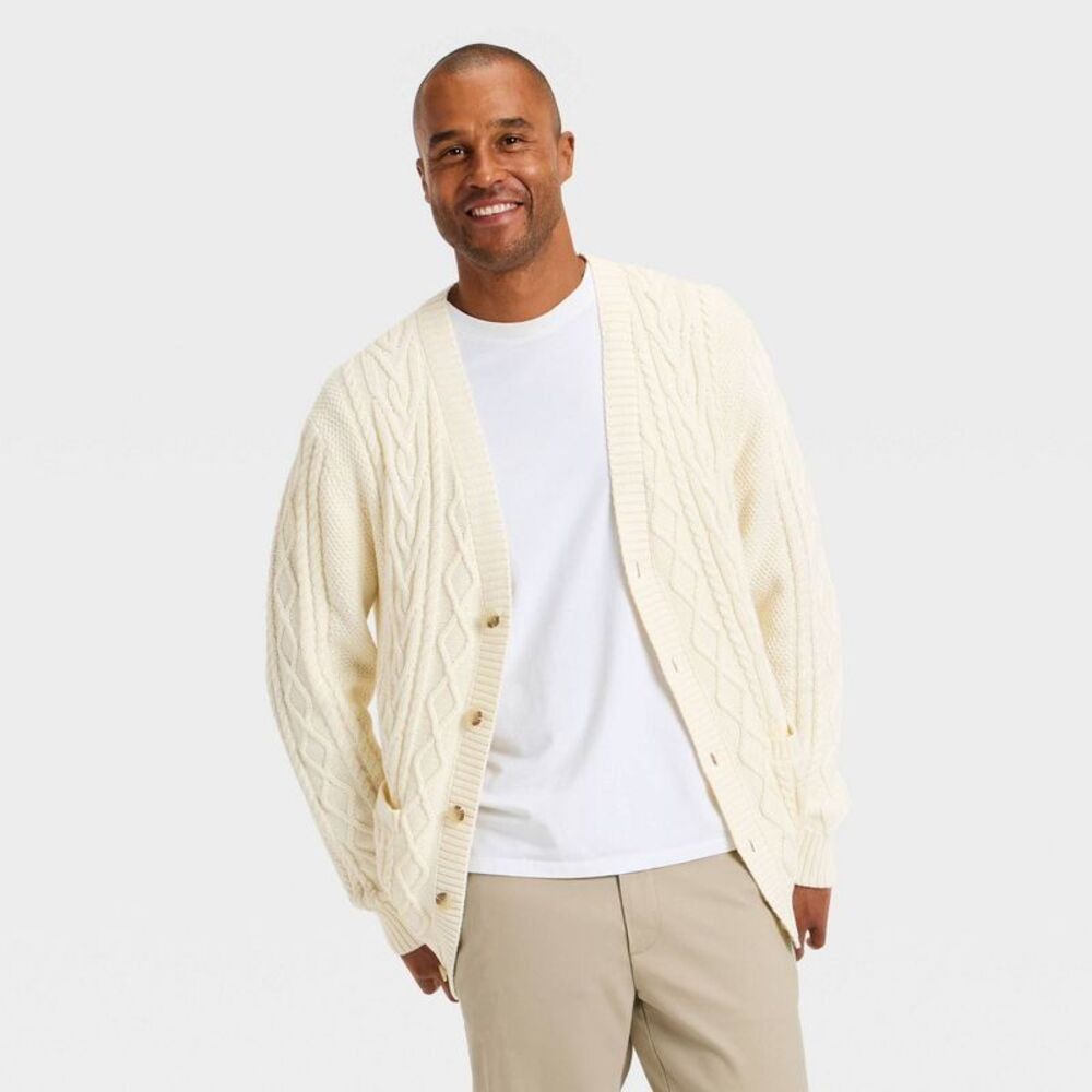 Men's Long Sleeve V-Neck Cardigan Sweater - Goodfellow & Co Cream L